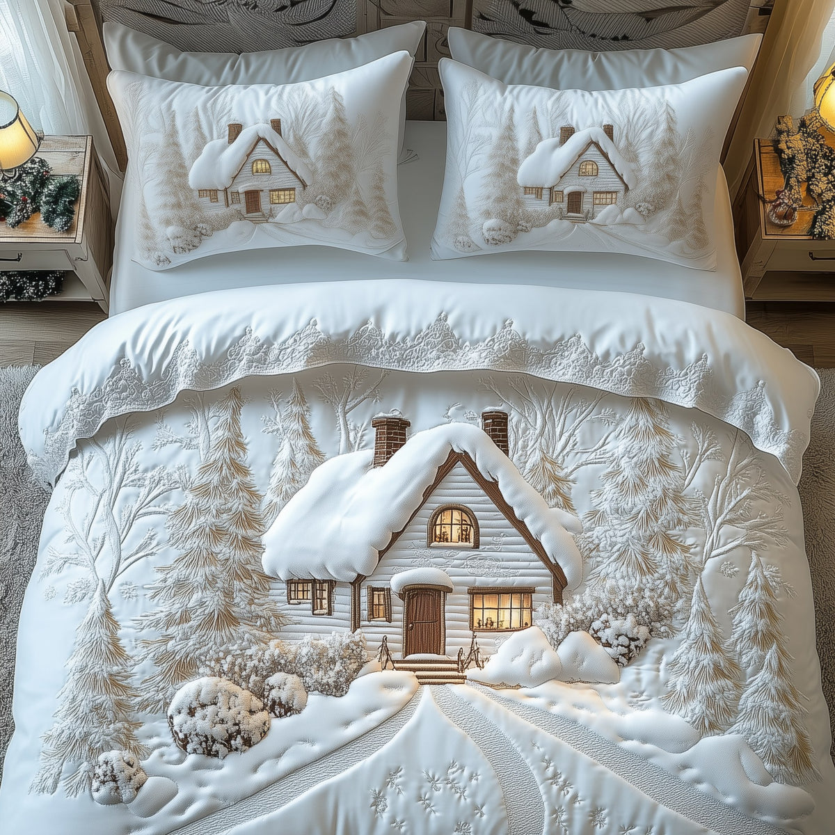 Elegant White Christmas Cabin 3-Piece Quilted Bedding Set - Design 3 — quilt and two matching pillow shams