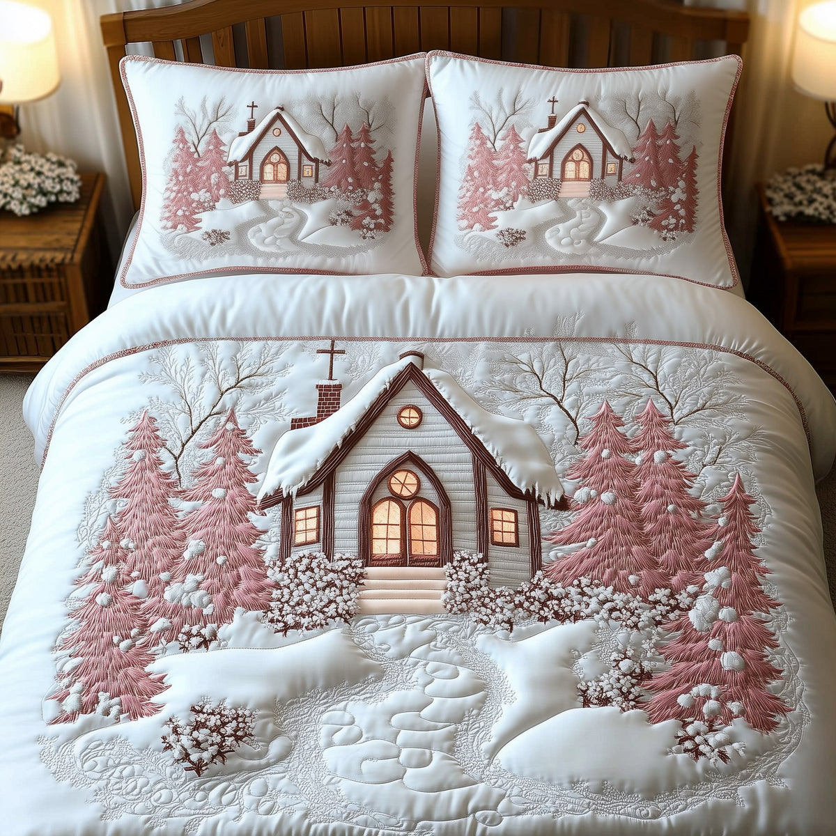 Elegant White Christmas Cabin 3-Piece Quilted Bedding Set - Design 5 — quilt and two matching pillow shams