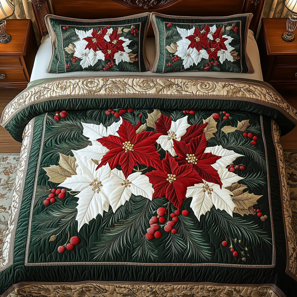 Elegant Poinsettias 3-Piece Quilted Bedding Set - Design 1 — quilt and two matching pillow shams