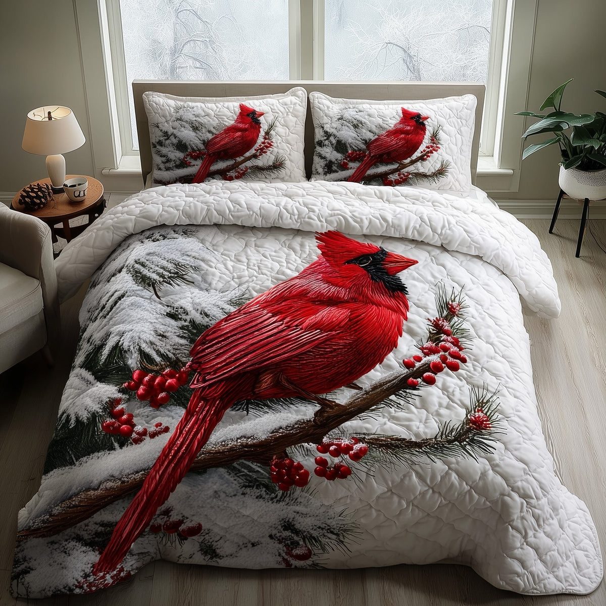 Cardinal Charm 3-Piece Quilted Bedding Set - Design 1 — quilt and two matching pillow shams
