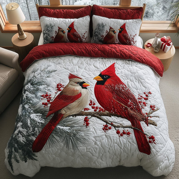 Cardinal Charm quilted 3-piece bedding set on a made bed with two matching pillow shams