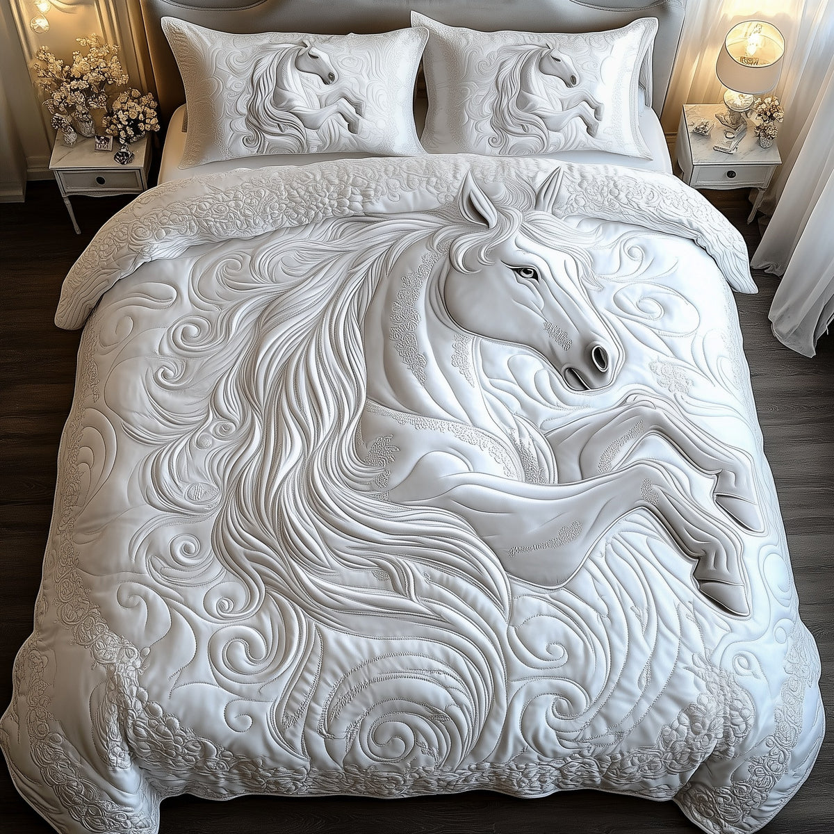 Elegant White Horse 3-Piece Quilted Bedding Set - Design 3 — quilt and two matching pillow shams
