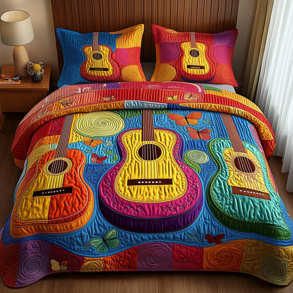 Acoustic Guitar quilted 3-piece bedding set on a made bed with two matching pillow shams
