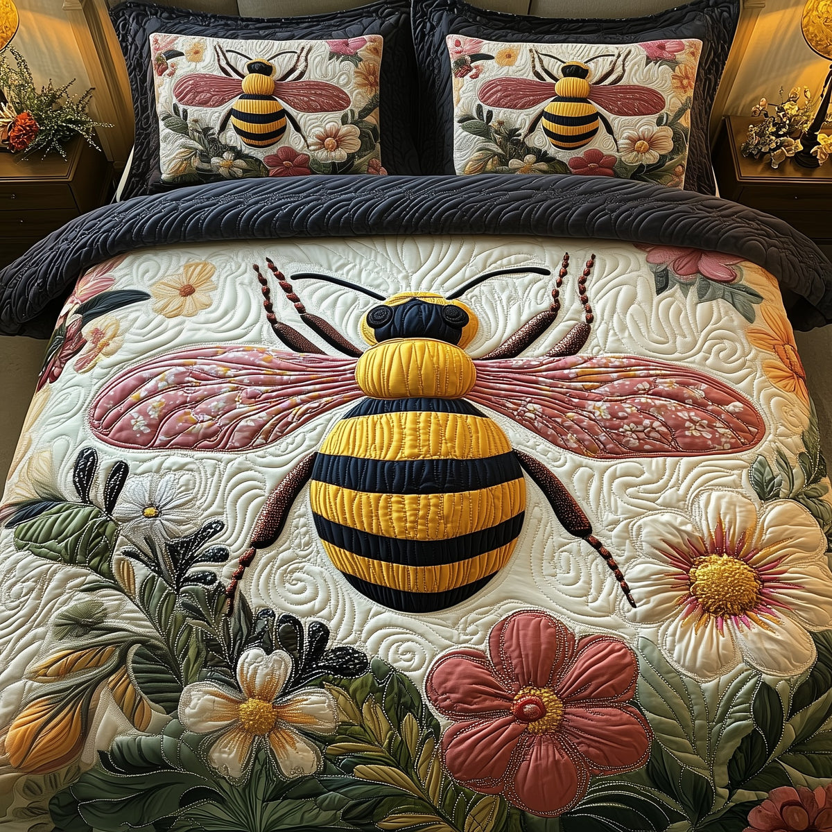 Bee 3-Piece Quilted Bedding Set - Design 3 — quilt and two matching pillow shams