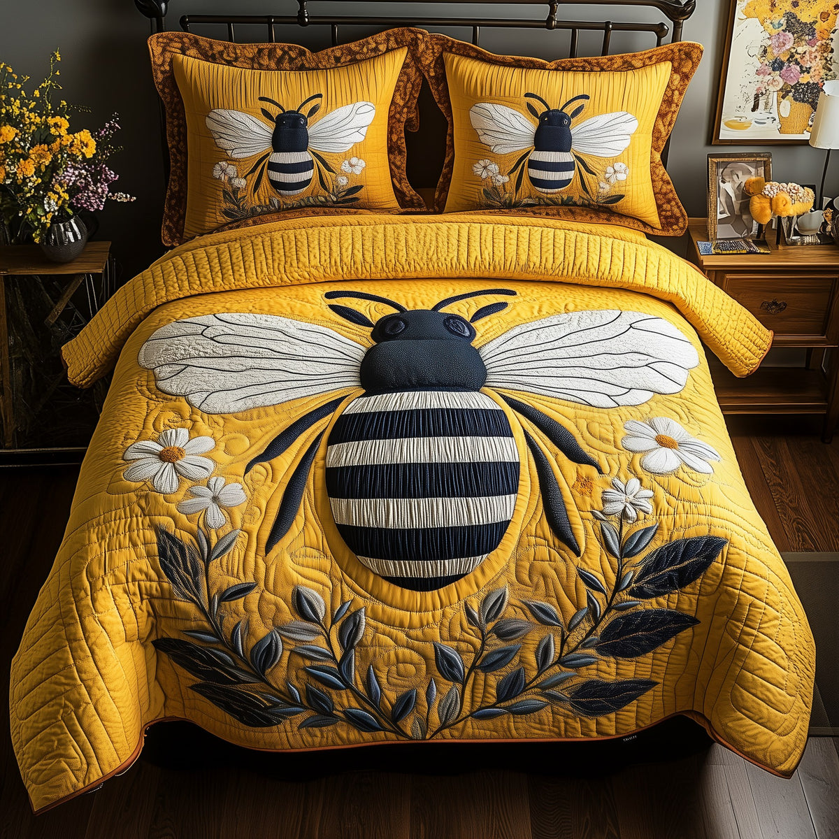 Bee 3-Piece Quilted Bedding Set - Design 4 — quilt and two matching pillow shams