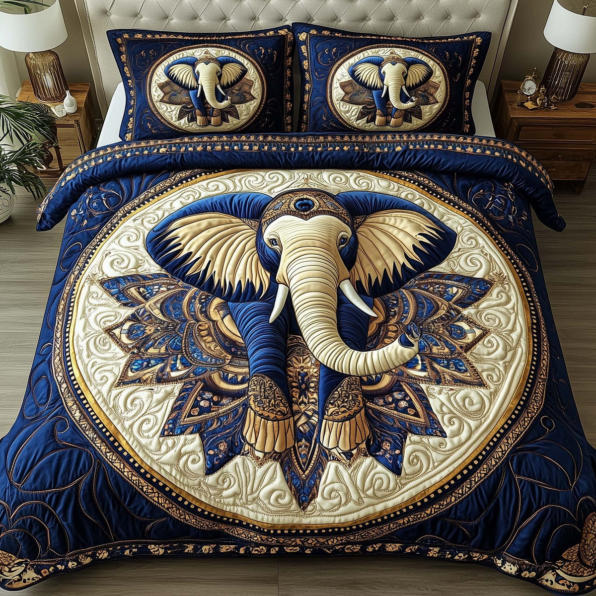 Elephant Harmony 3-Piece Quilted Bedding Set - Design 1 — quilt and two matching pillow shams