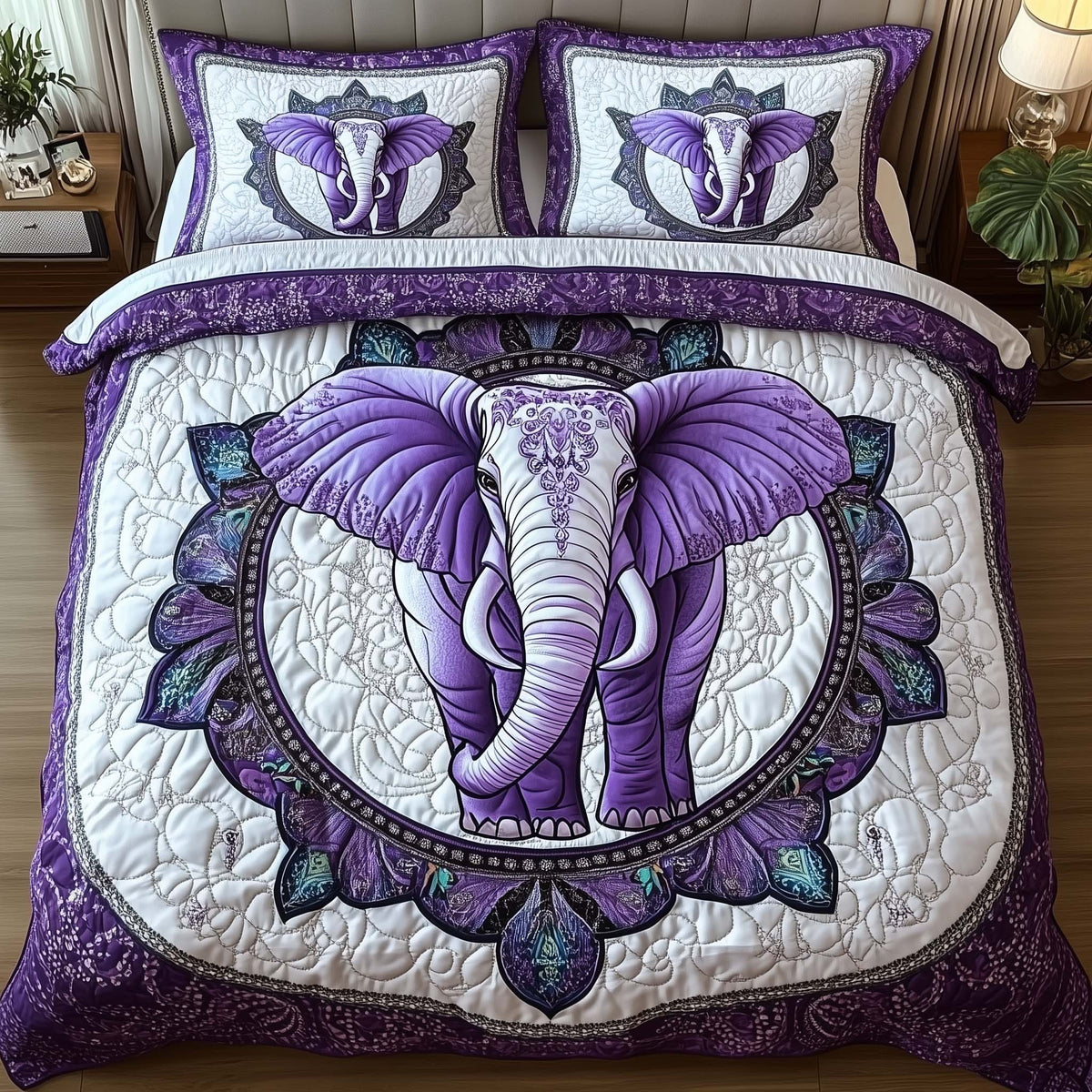 Elephant Harmony 3-Piece Quilted Bedding Set - Design 2 — quilt and two matching pillow shams