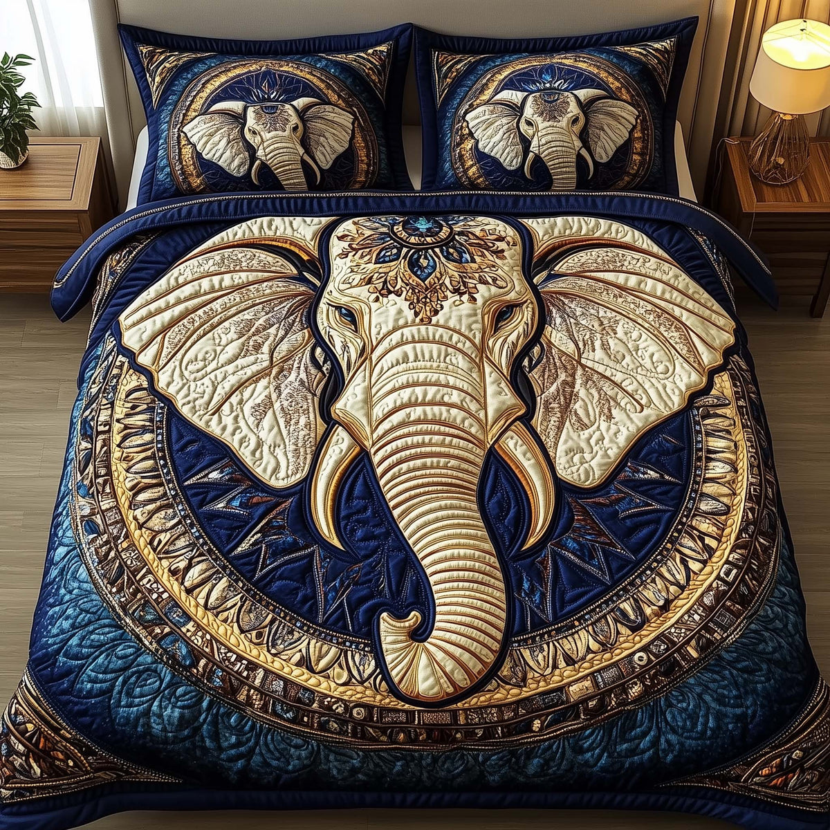 Elephant Harmony 3-Piece Quilted Bedding Set - Design 4 — quilt and two matching pillow shams