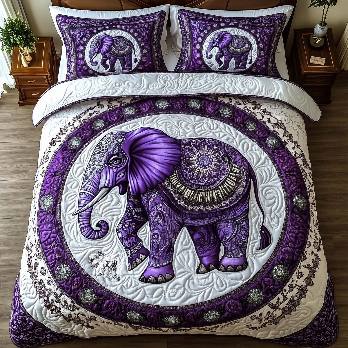 Elephant Harmony 3-Piece Quilted Bedding Set - Design 7 — quilt and two matching pillow shams