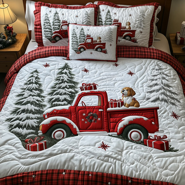 A Christmas Dog Ride quilted 3-piece bedding set on a made bed in a winter-styled bedroom