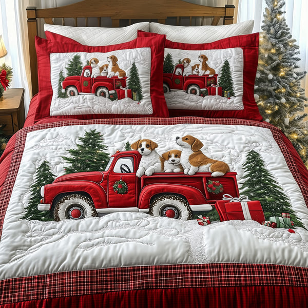 A Christmas Dog Ride quilted 3-piece bedding set on a made bed in a winter-styled bedroom