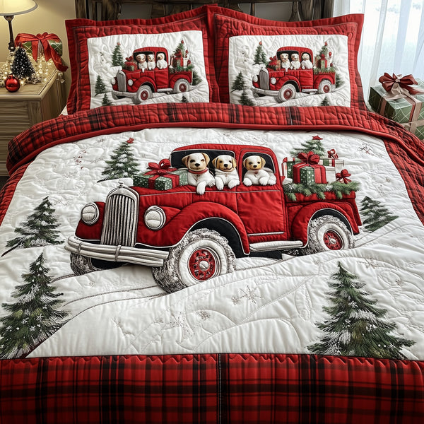 A Christmas Dog Ride quilted 3-piece bedding set on a made bed in a winter-styled bedroom