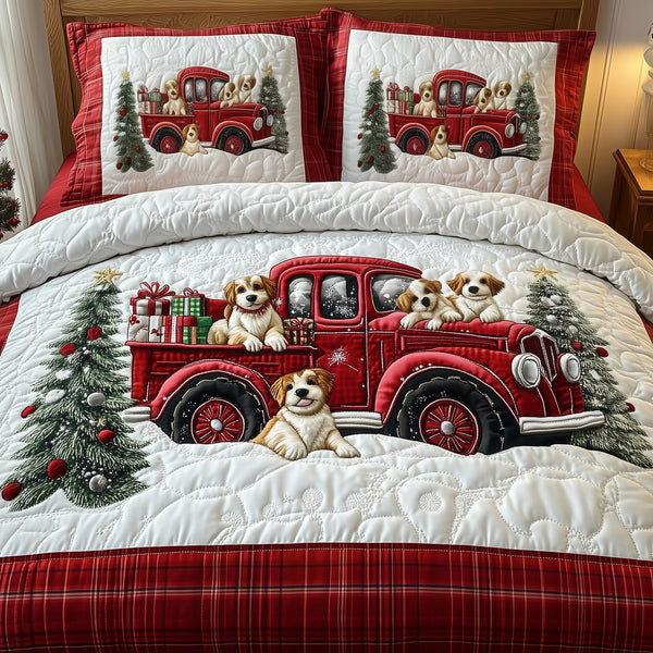 A Christmas Dog Ride quilted 3-piece bedding set on a made bed in a winter-styled bedroom