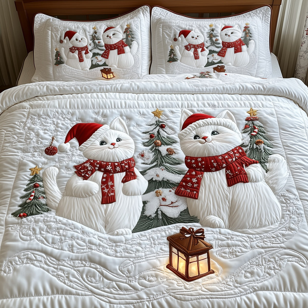 Christmas Cat 3-Piece Quilted Bedding Set - Design 4 — quilt and two matching pillow shams