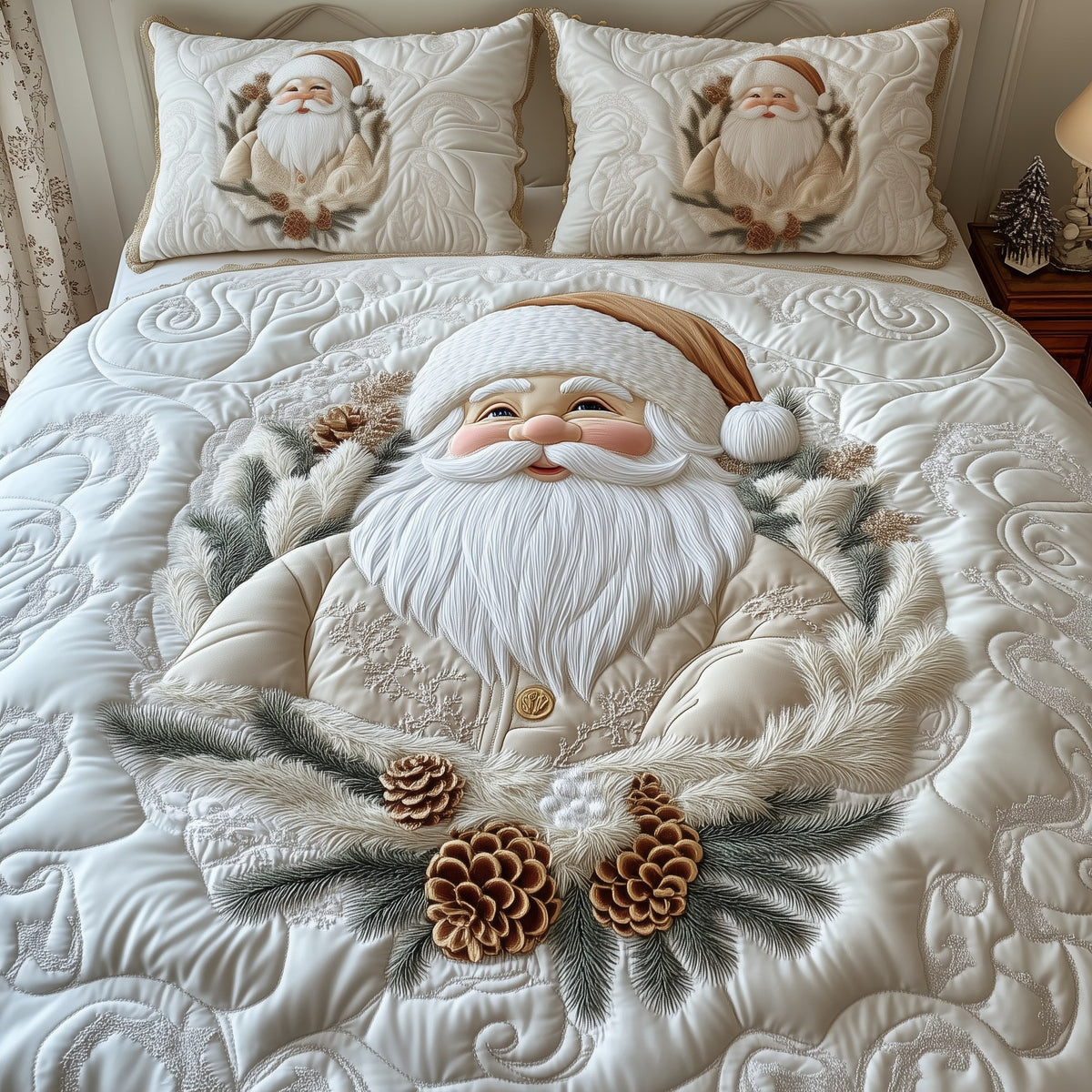 Elegant White Santa Claus 3-Piece Quilted Bedding Set - Design 1 — quilt and two matching pillow shams