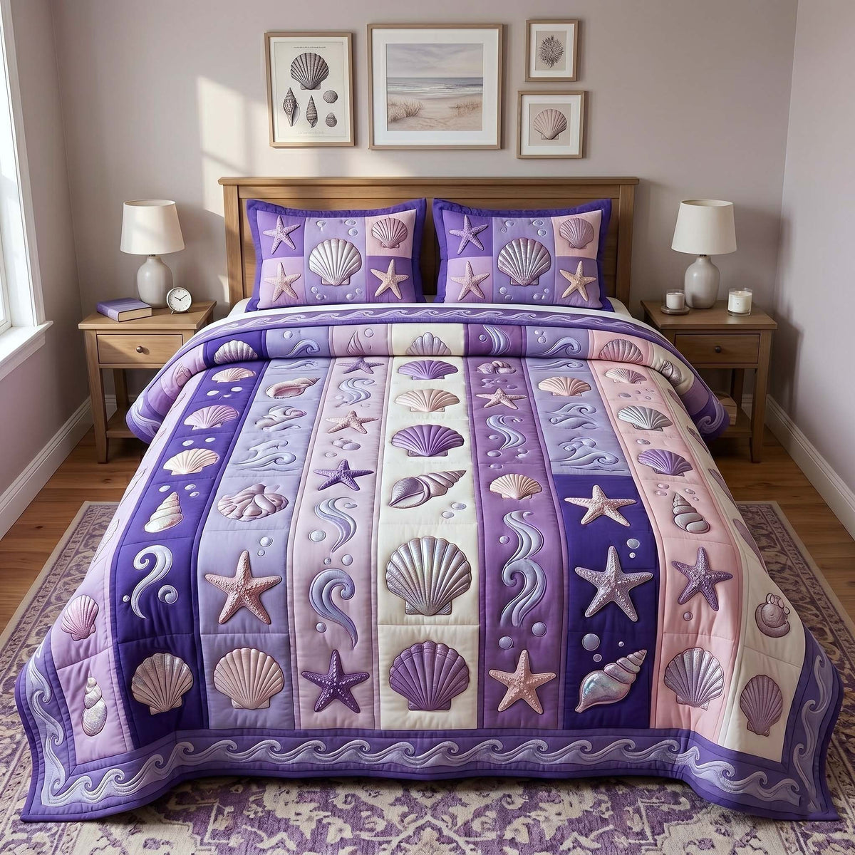 Coastal Whisper 3-Piece Quilted Bedding Set - Design 10 — quilt and two matching pillow shams