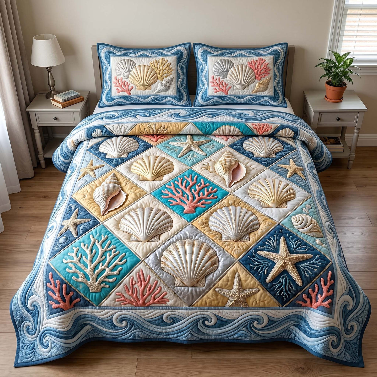 Coastal Whisper 3-Piece Quilted Bedding Set - Design 12 — quilt and two matching pillow shams