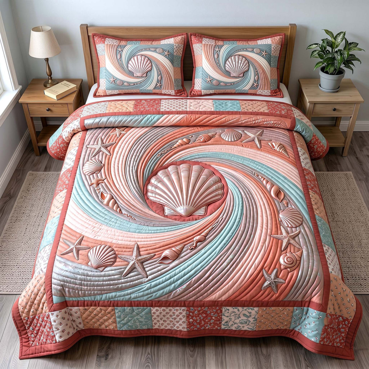 Coastal Whisper 3-Piece Quilted Bedding Set - Design 17 — quilt and two matching pillow shams