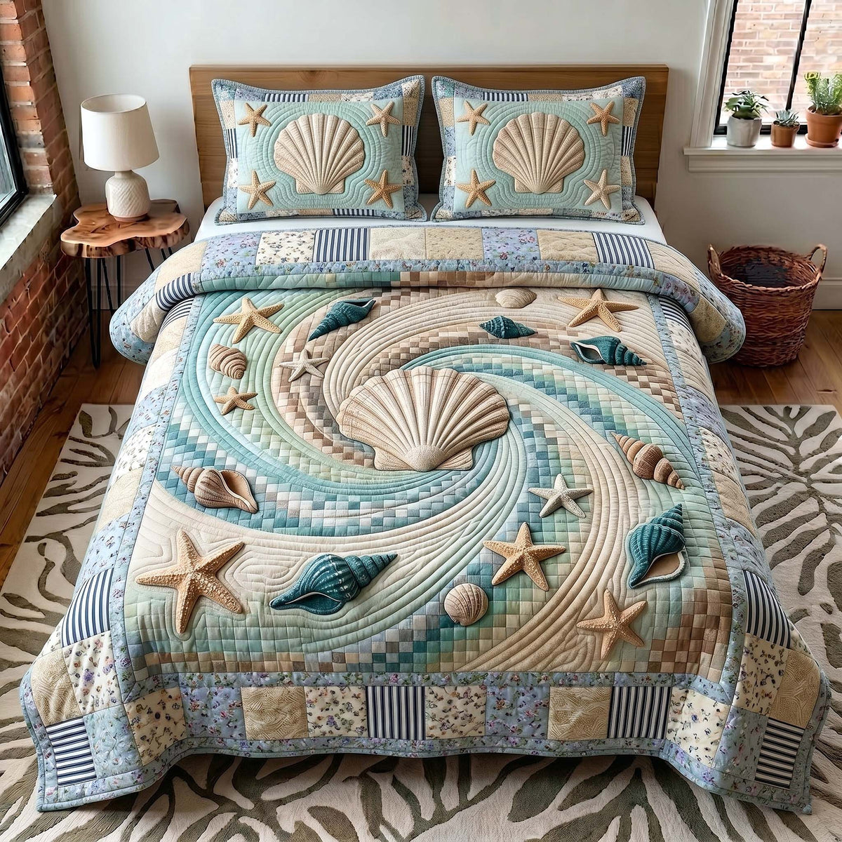 Coastal Whisper 3-Piece Quilted Bedding Set - Design 24 — quilt and two matching pillow shams
