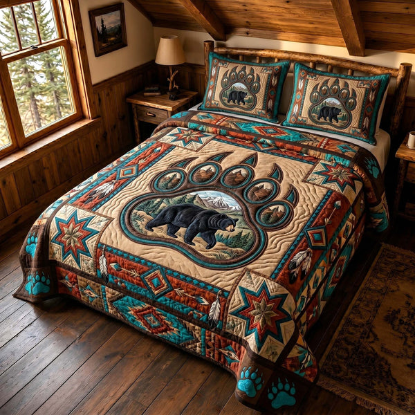 Ancestral Bear quilted 3-piece bedding set on a made bed with two matching pillow shams