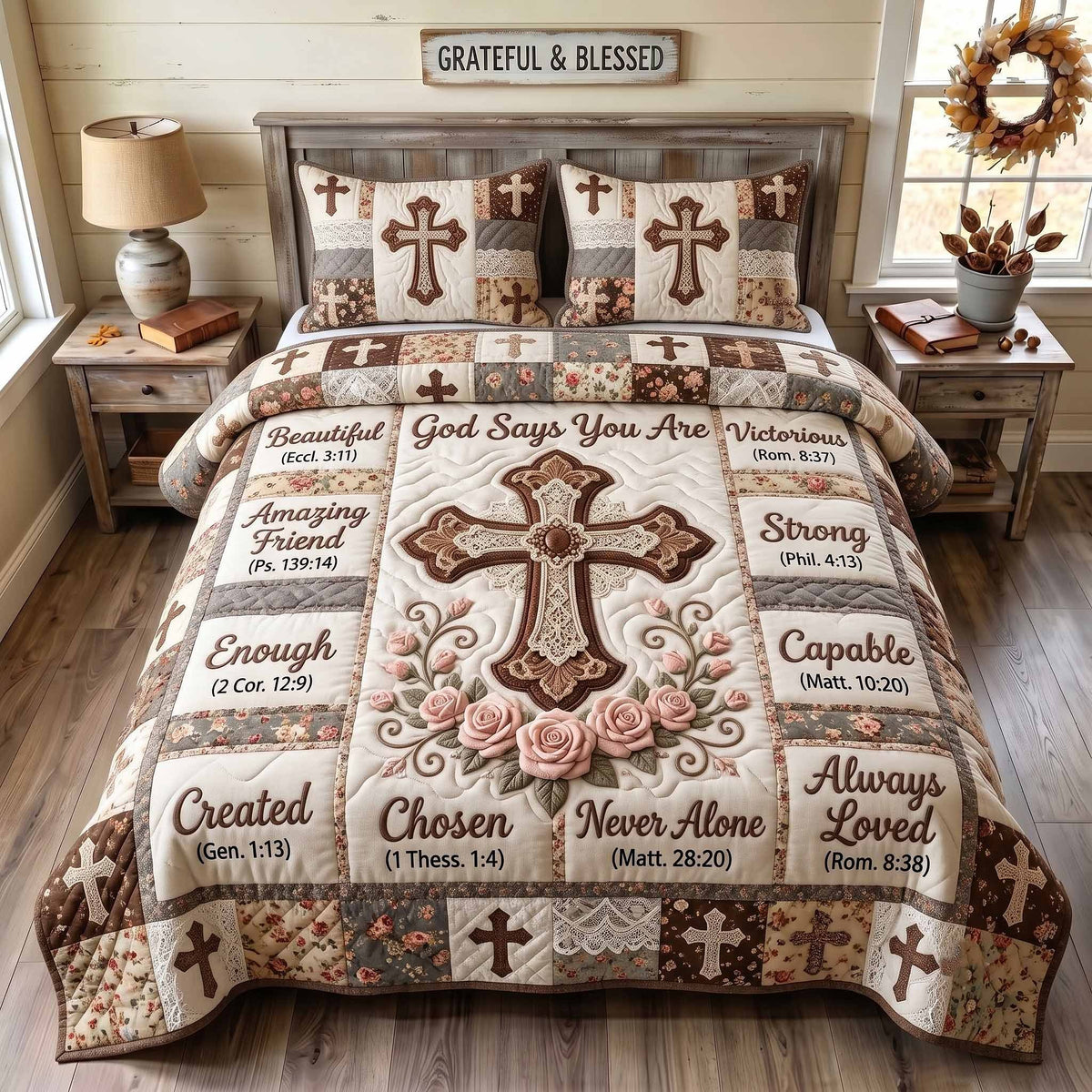 Floral Bible 3-Piece Quilted Bedding Set - Design 126 — quilt and two matching pillow shams