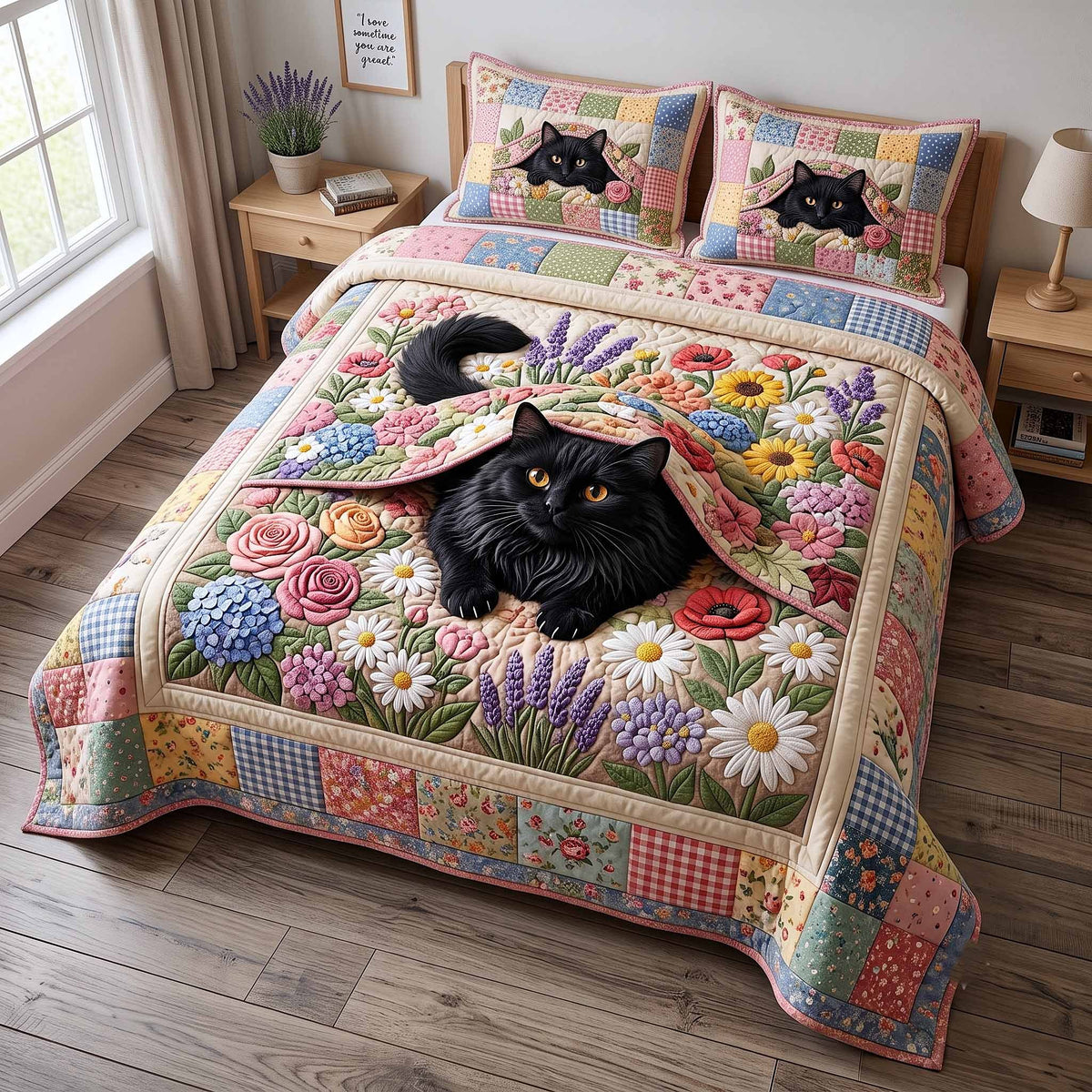 Black Cat In Bloom 3-Piece Quilted Bedding Set — quilt and two matching pillow shams