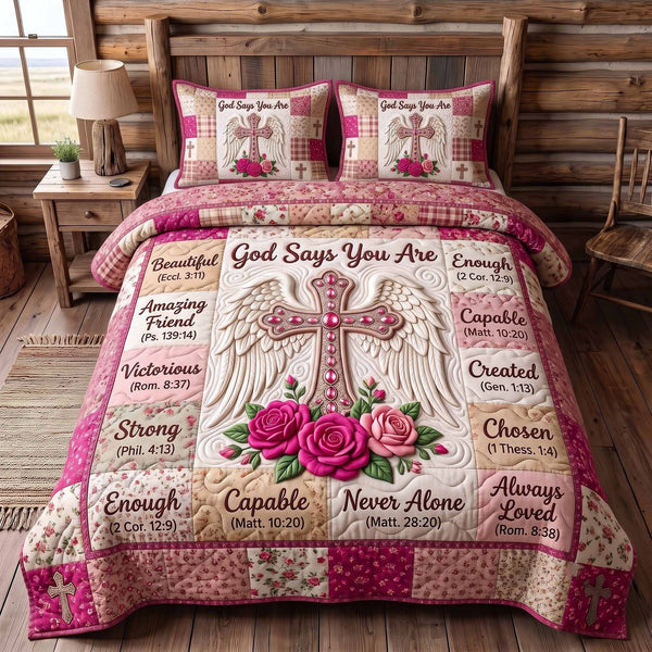 Floral Bible quilted 3-piece bedding set on a made bed in a softly lit bedroom