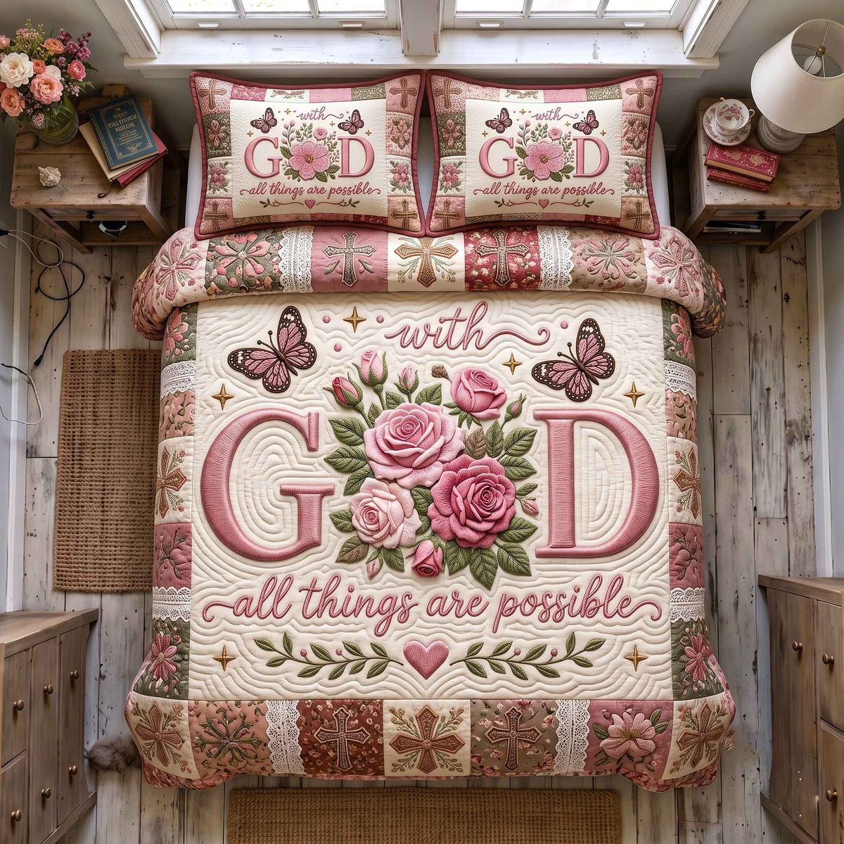 Floral Faith quilted 3-piece bedding set on a made bed in a softly lit bedroom