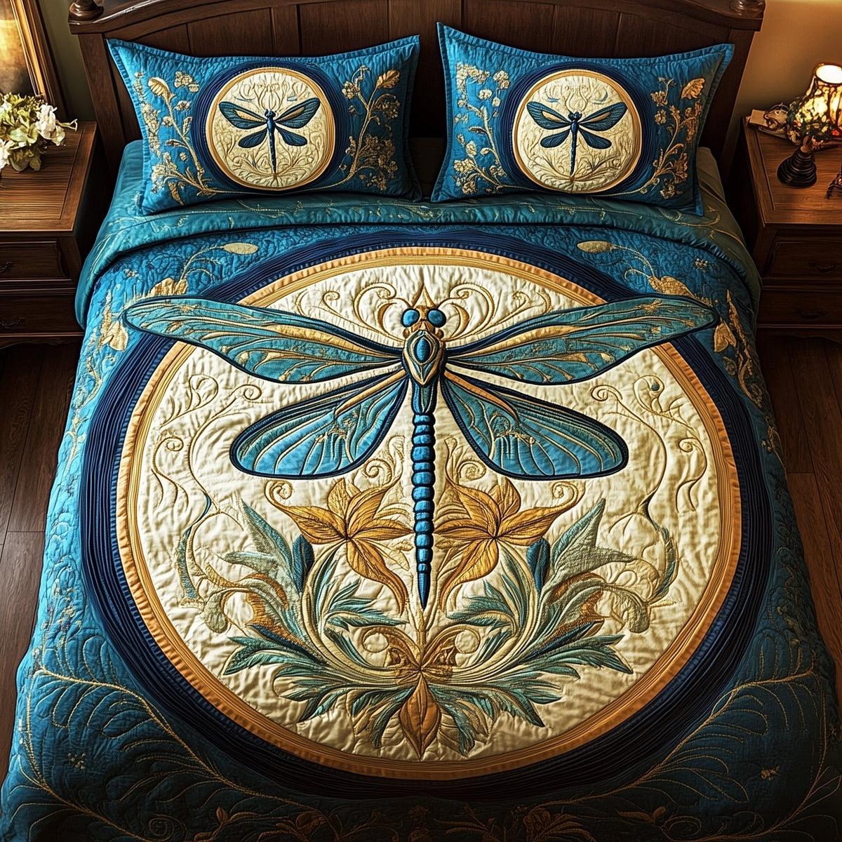 Enchanted Dragonfly 3-Piece Quilted Bedding Set - Design 2 — quilt and two matching pillow shams