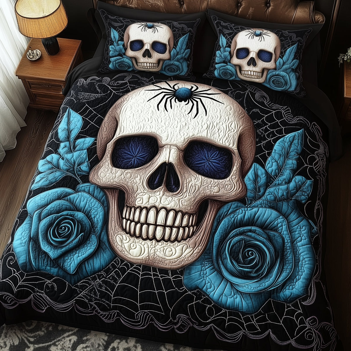 Blue Rose Skull 3-Piece Quilted Bedding Set - Design 3 — quilt and two matching pillow shams