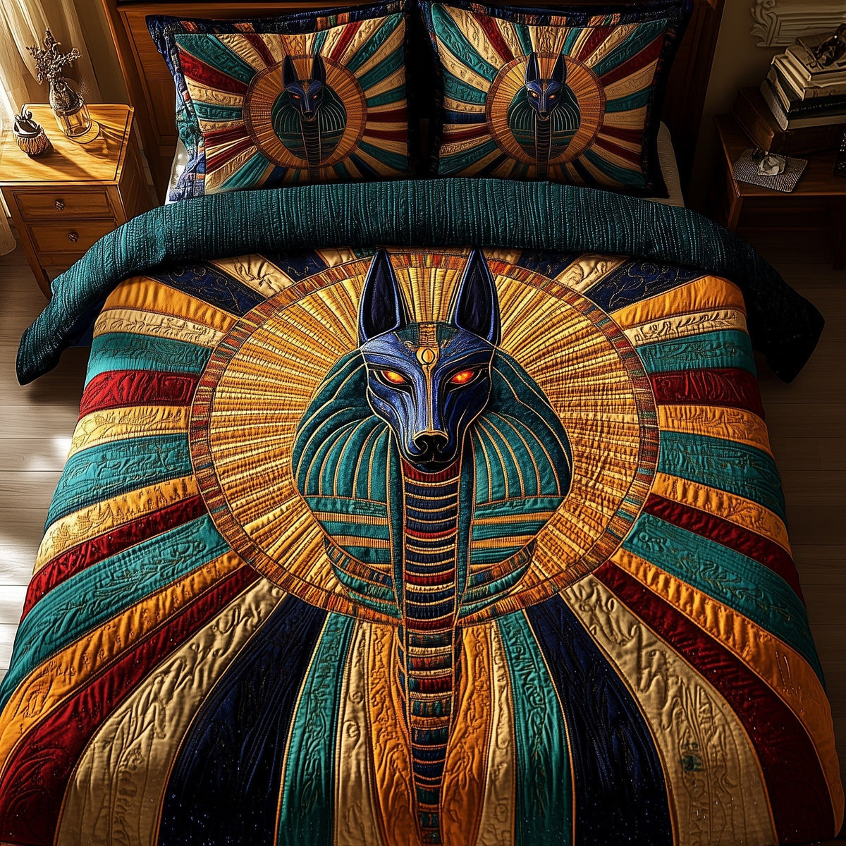 Ancient Anubis 3-Piece Quilted Bedding Set — quilt and two matching pillow shams
