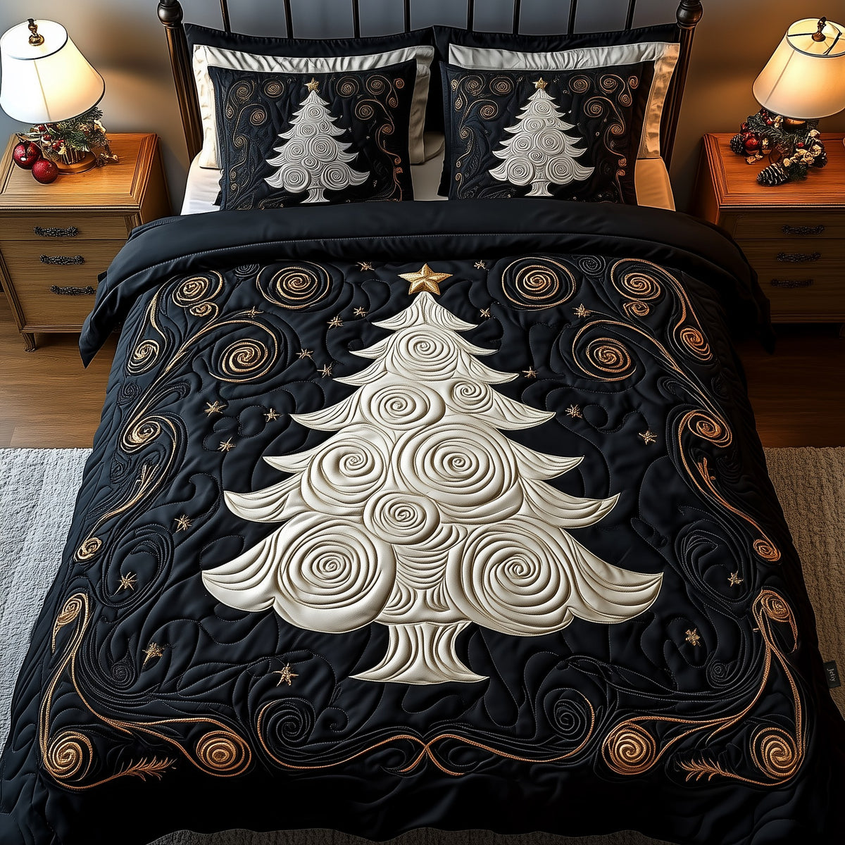 Elegant Christmas Tree 3-Piece Quilted Bedding Set - Design 2 — quilt and two matching pillow shams