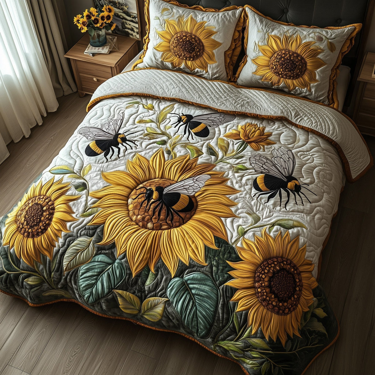 Buzzing Blossoms 3-Piece Quilted Bedding Set - Design 1 — quilt and two matching pillow shams