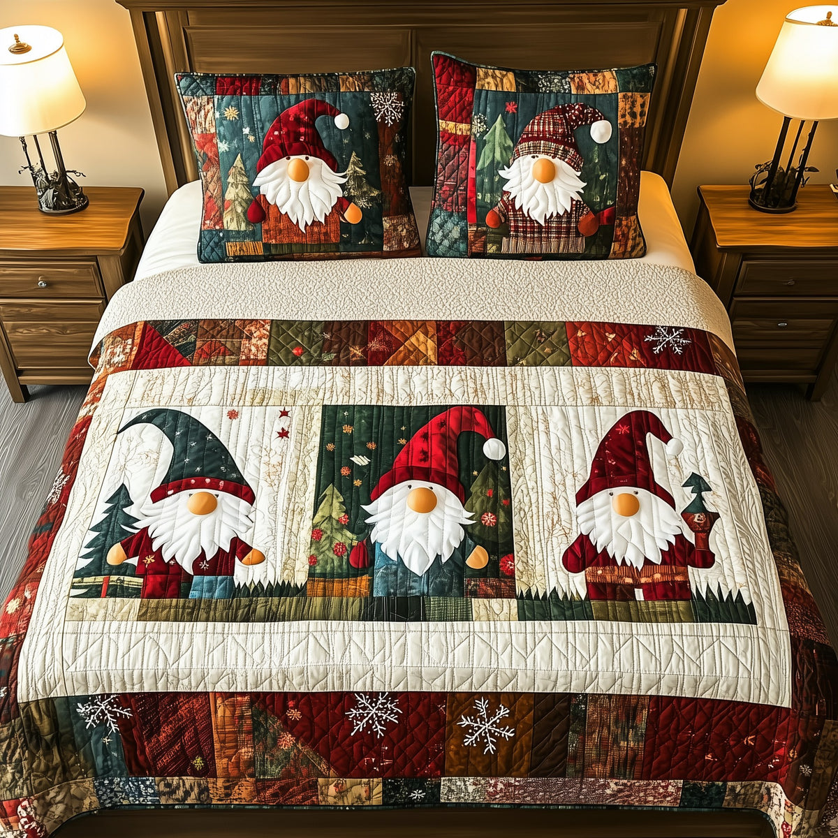 Christmas Gnomes 3-Piece Quilted Bedding Set - Design 4 — quilt and two matching pillow shams