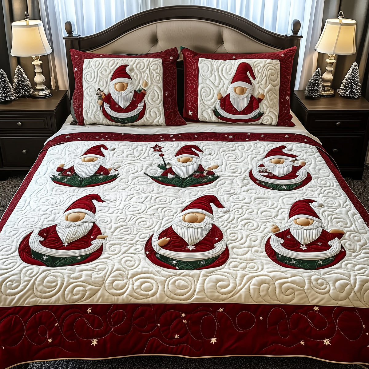 Christmas Gnomes 3-Piece Quilted Bedding Set - Design 6 — quilt and two matching pillow shams