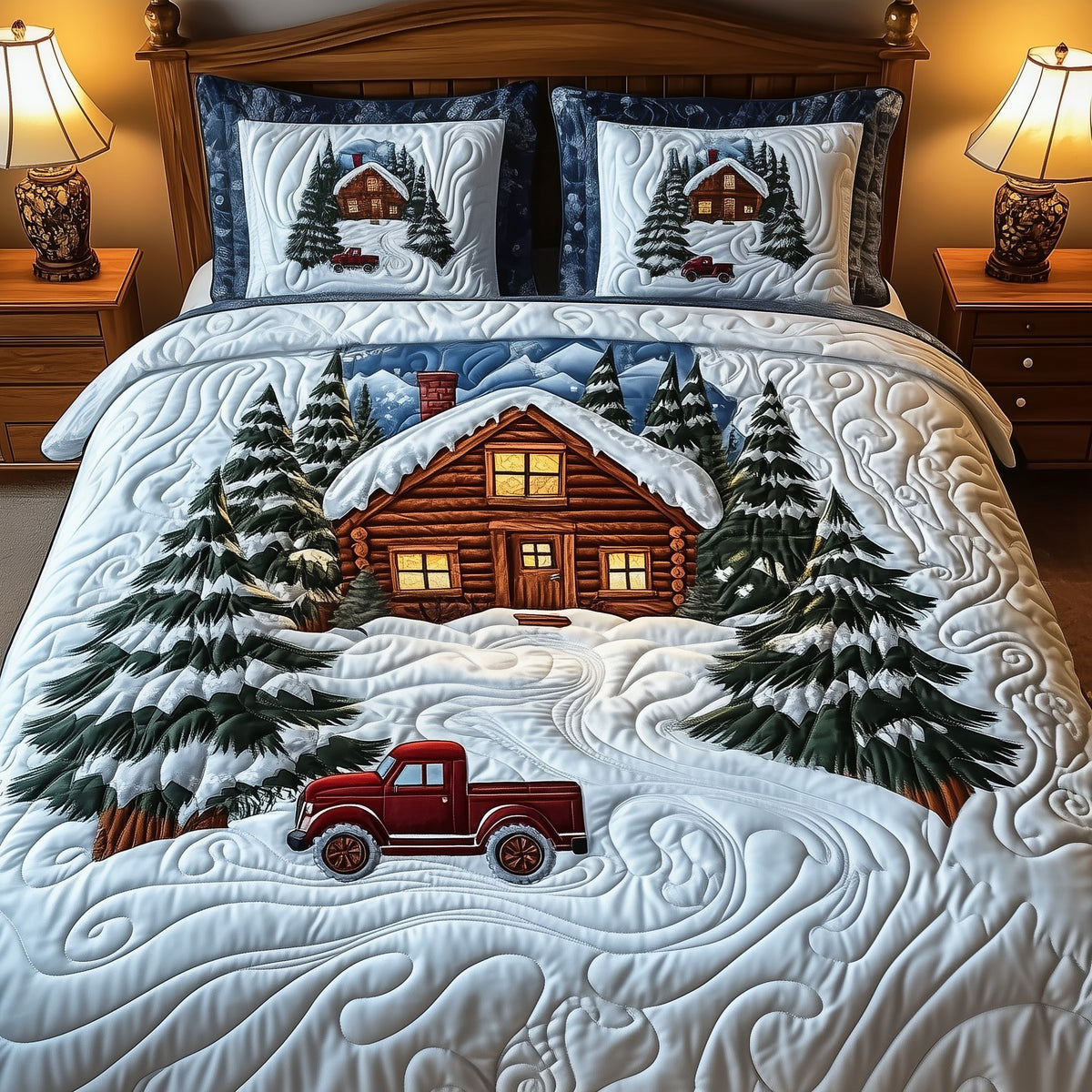 Festive Snowy Log Cabin 3-Piece Quilted Bedding Set - Design 2 — quilt and two matching pillow shams