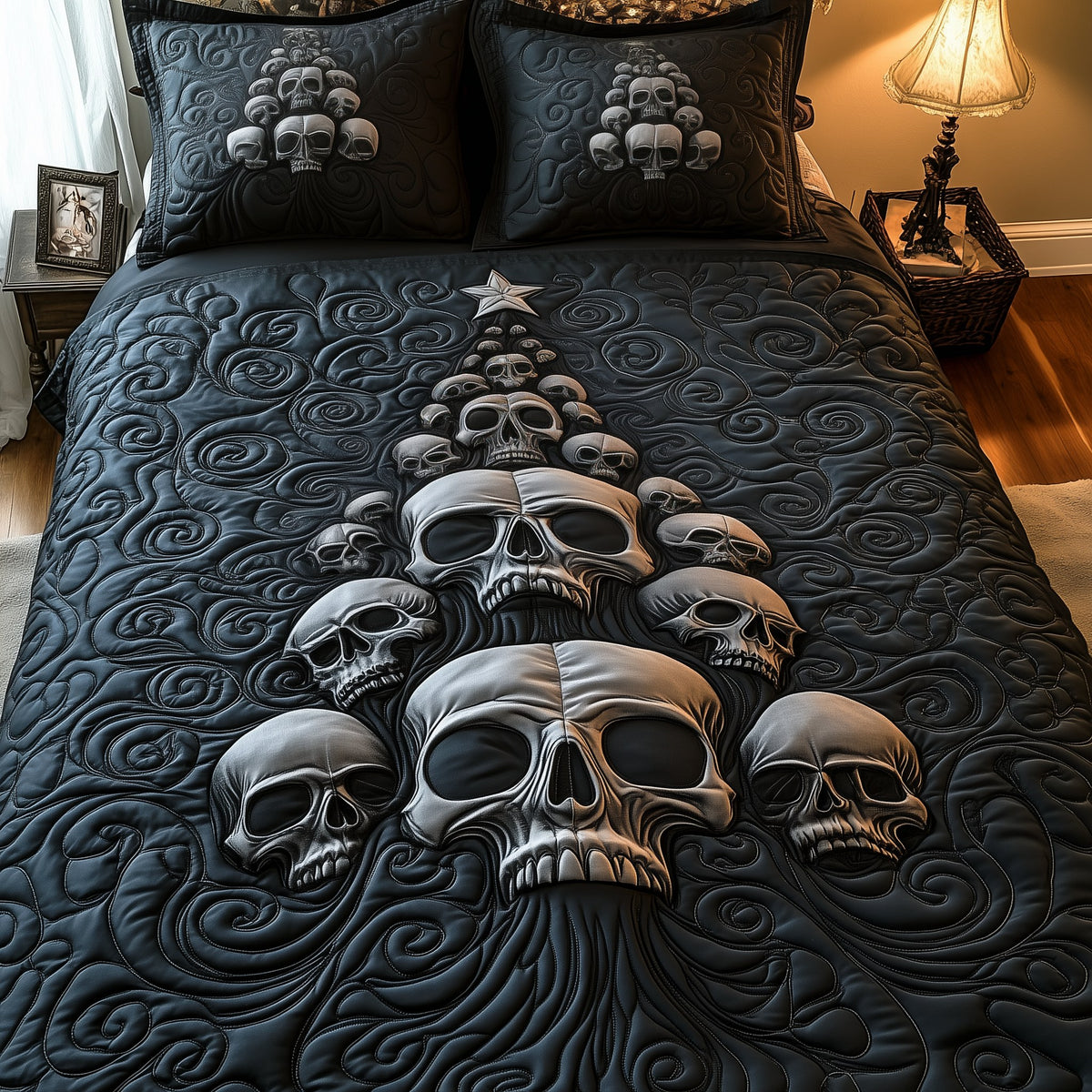 Dark Christmas Skull 3-Piece Quilted Bedding Set — quilt and two matching pillow shams