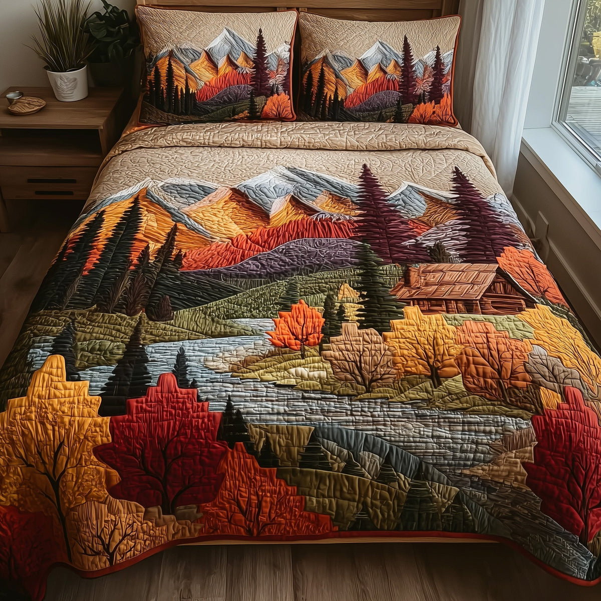 Autumn Forest 3-Piece Quilted Bedding Set - Design 5 — quilt and two matching pillow shams