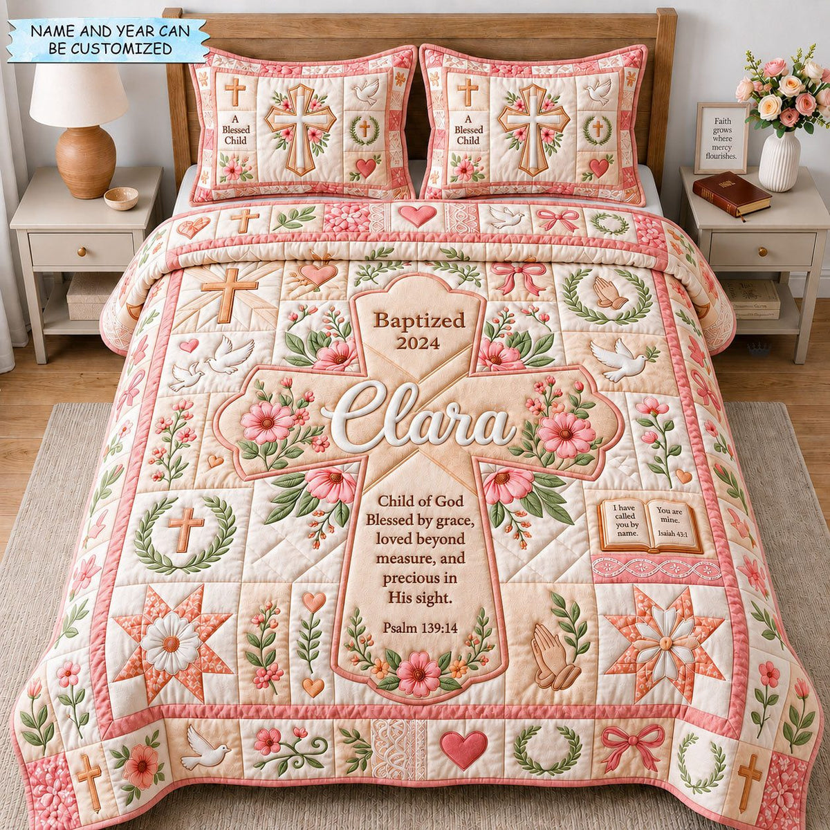 A Blessed Child 3-Piece Quilted Bedding Set QTCUZ quilted 3-piece bedding set on a made bed in a softly lit bedroom