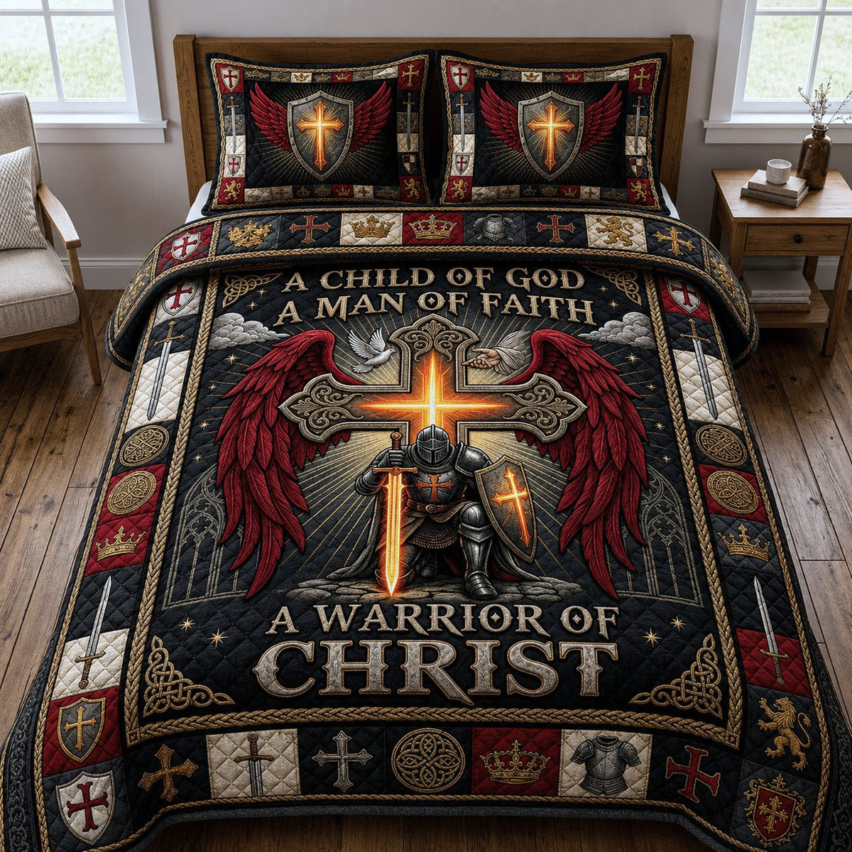 A Child Of God quilted 3-piece bedding set on a made bed in a softly lit bedroom