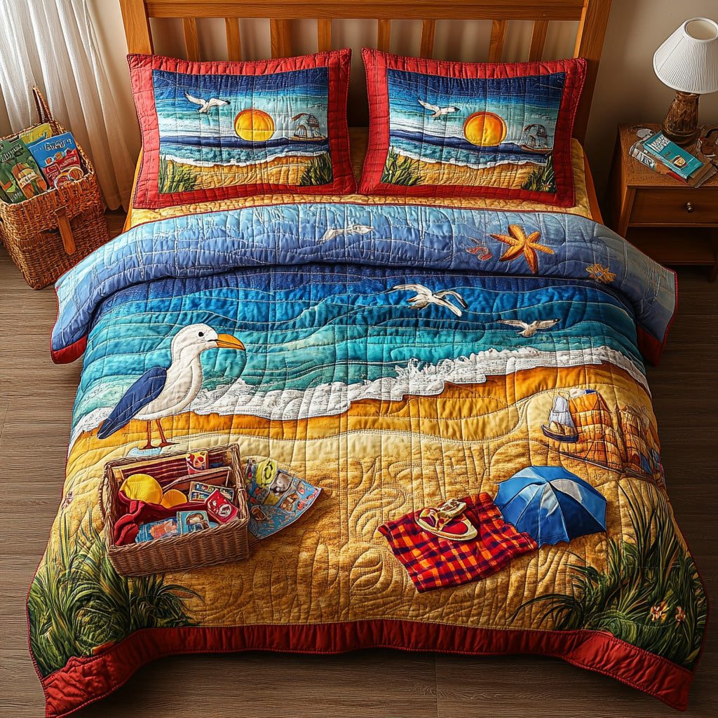 A Day At The Beach quilted 3-piece bedding set on a made bed in a light coastal bedroom