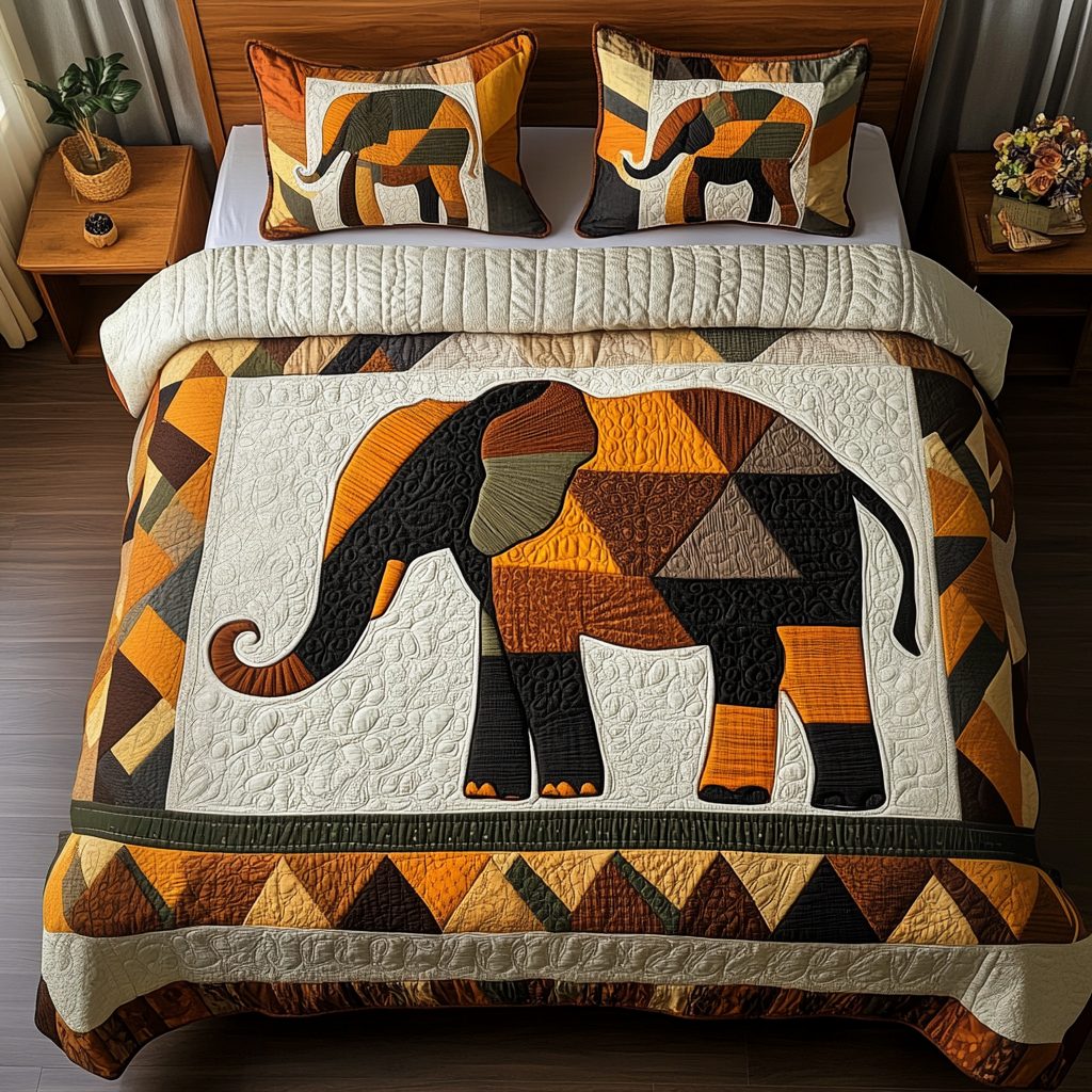 Abstract Safari quilted 3-piece bedding set on a made bed with two matching pillow shams