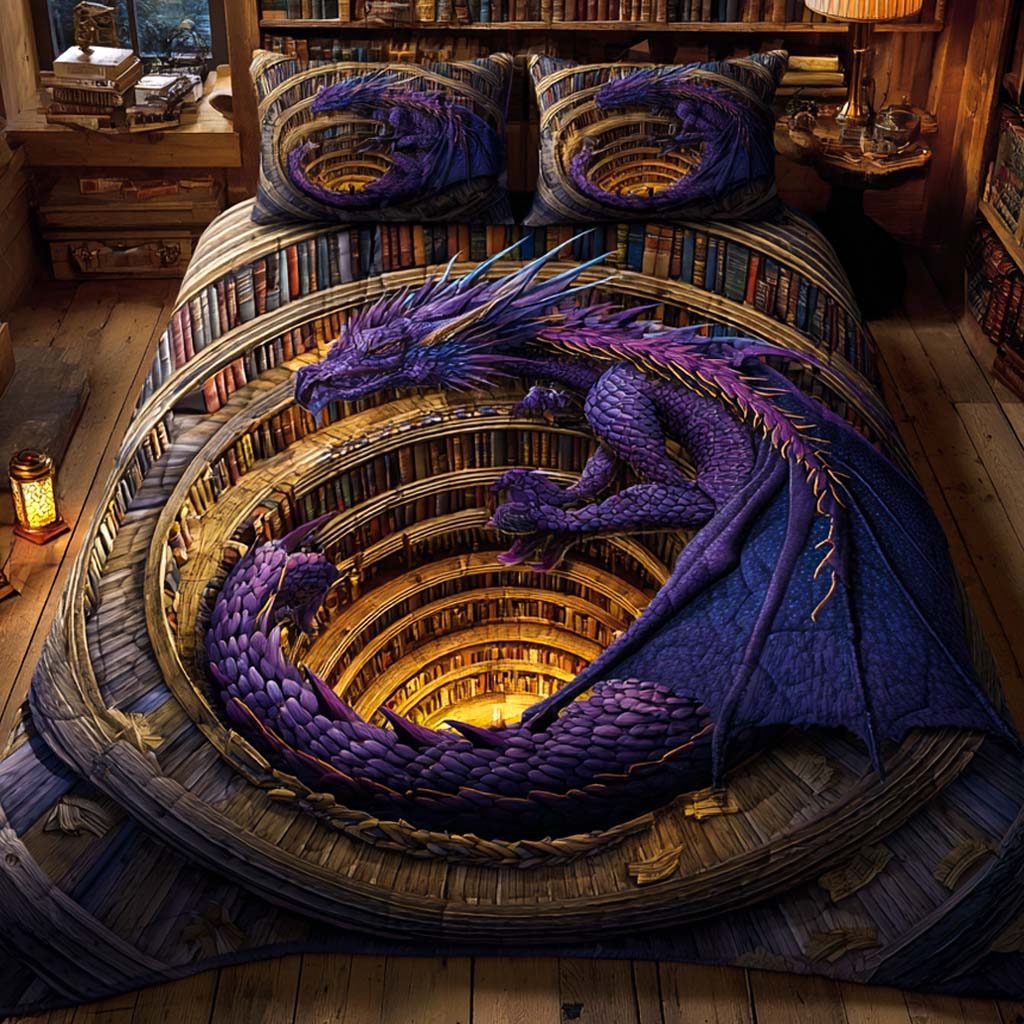 Abyss Guardian quilted 3-piece bedding set on a made bed with two matching pillow shams