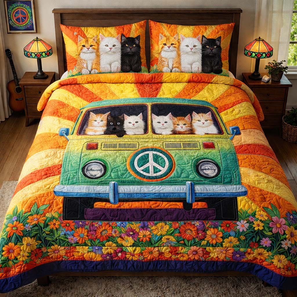 Adorable Cats quilted 3-piece bedding set on a made bed with two matching pillow shams