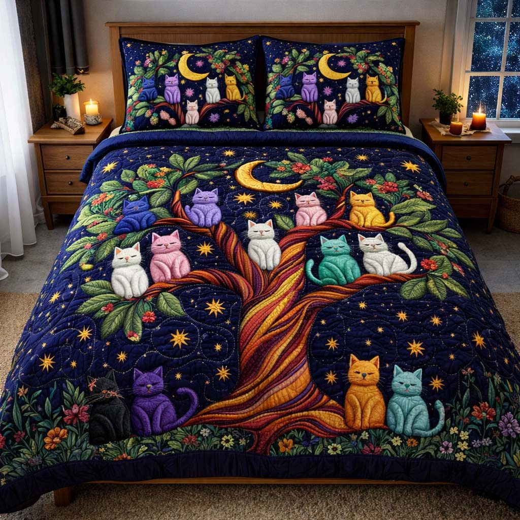 Adorable Cats quilted 3-piece bedding set on a made bed with two matching pillow shams
