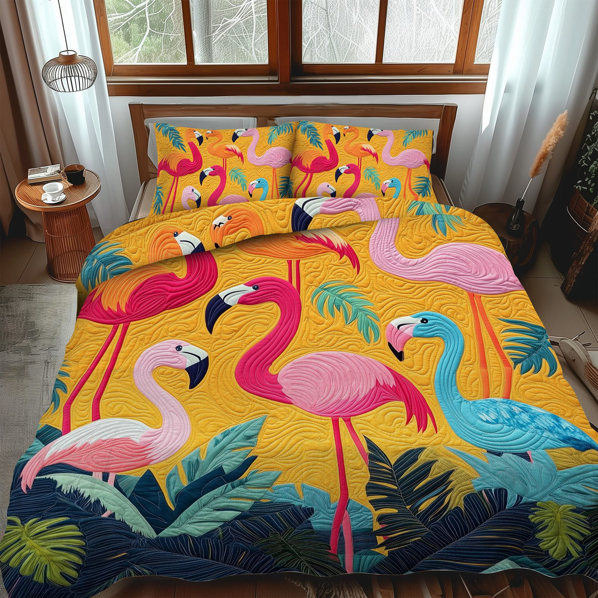 Adorable Flamingo quilted 3-piece bedding set on a made bed with two matching pillow shams