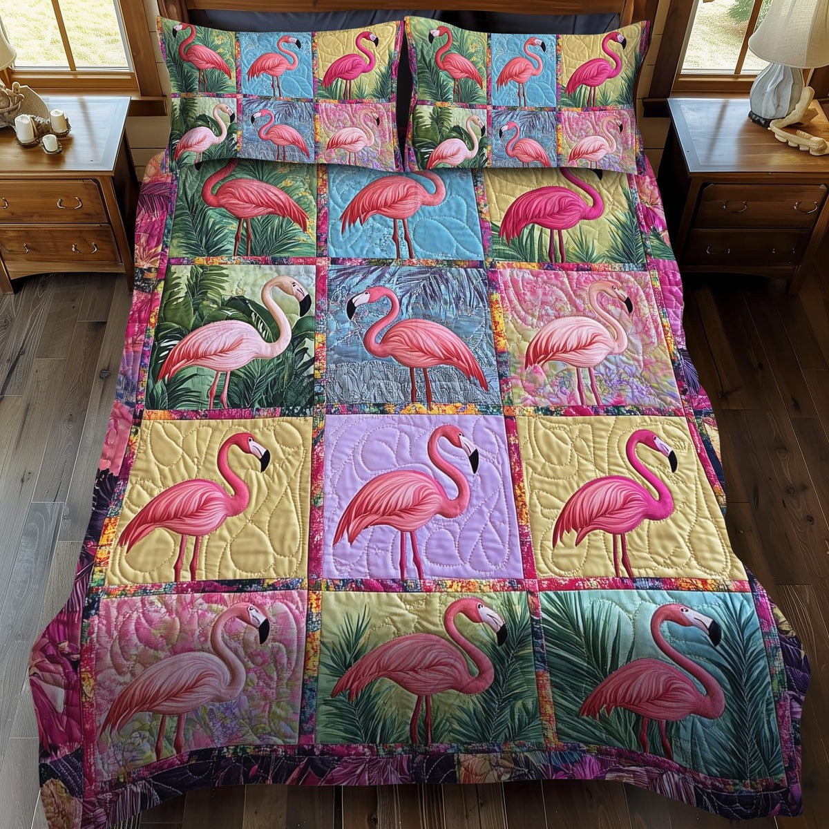 Adorable Flamingo quilted 3-piece bedding set on a made bed with two matching pillow shams