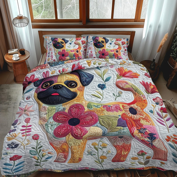 Adorable Pug quilted 3-piece bedding set on a made bed with two matching pillow shams