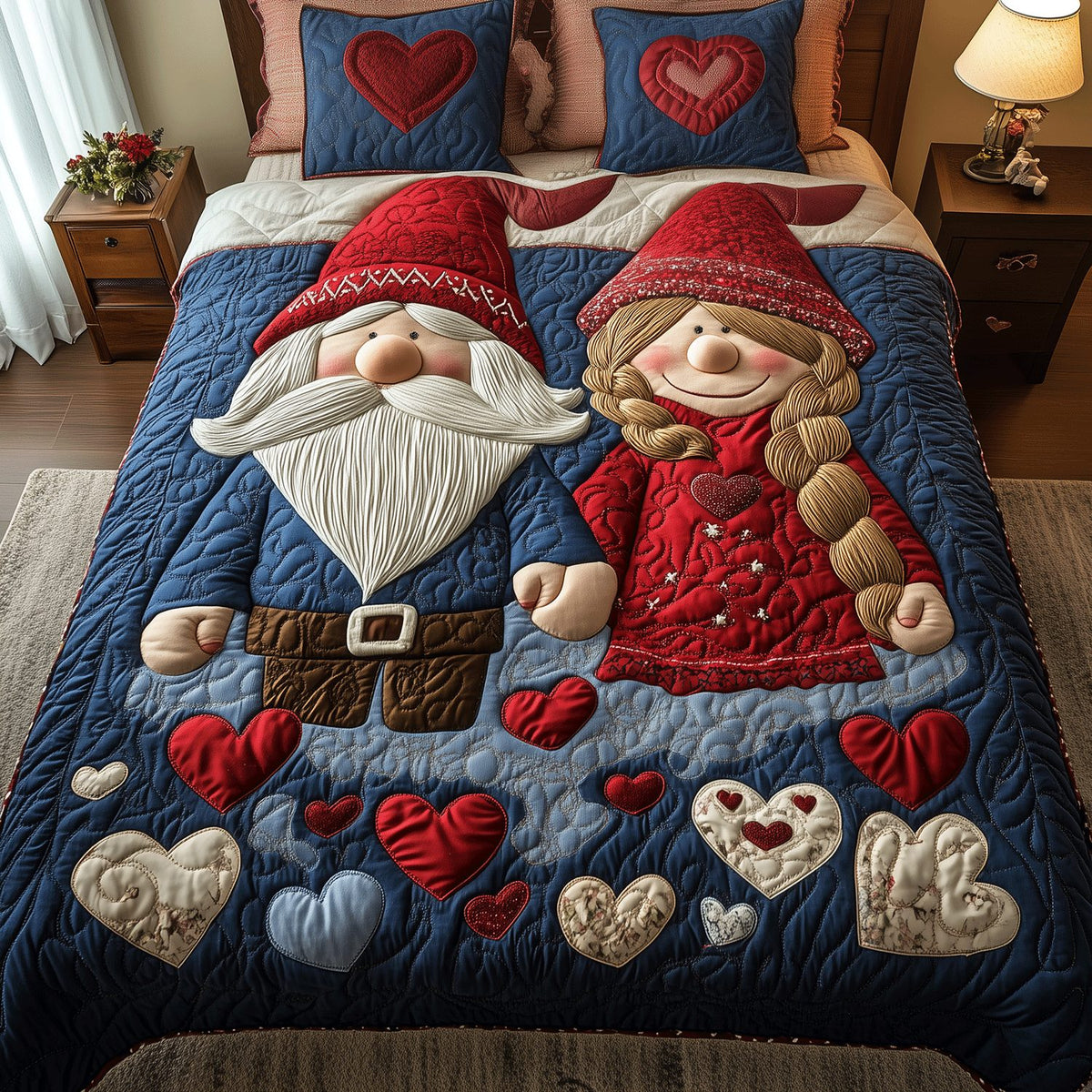 Adoring Gnome Pair quilted 3-piece bedding set on a made bed in a winter-styled bedroom