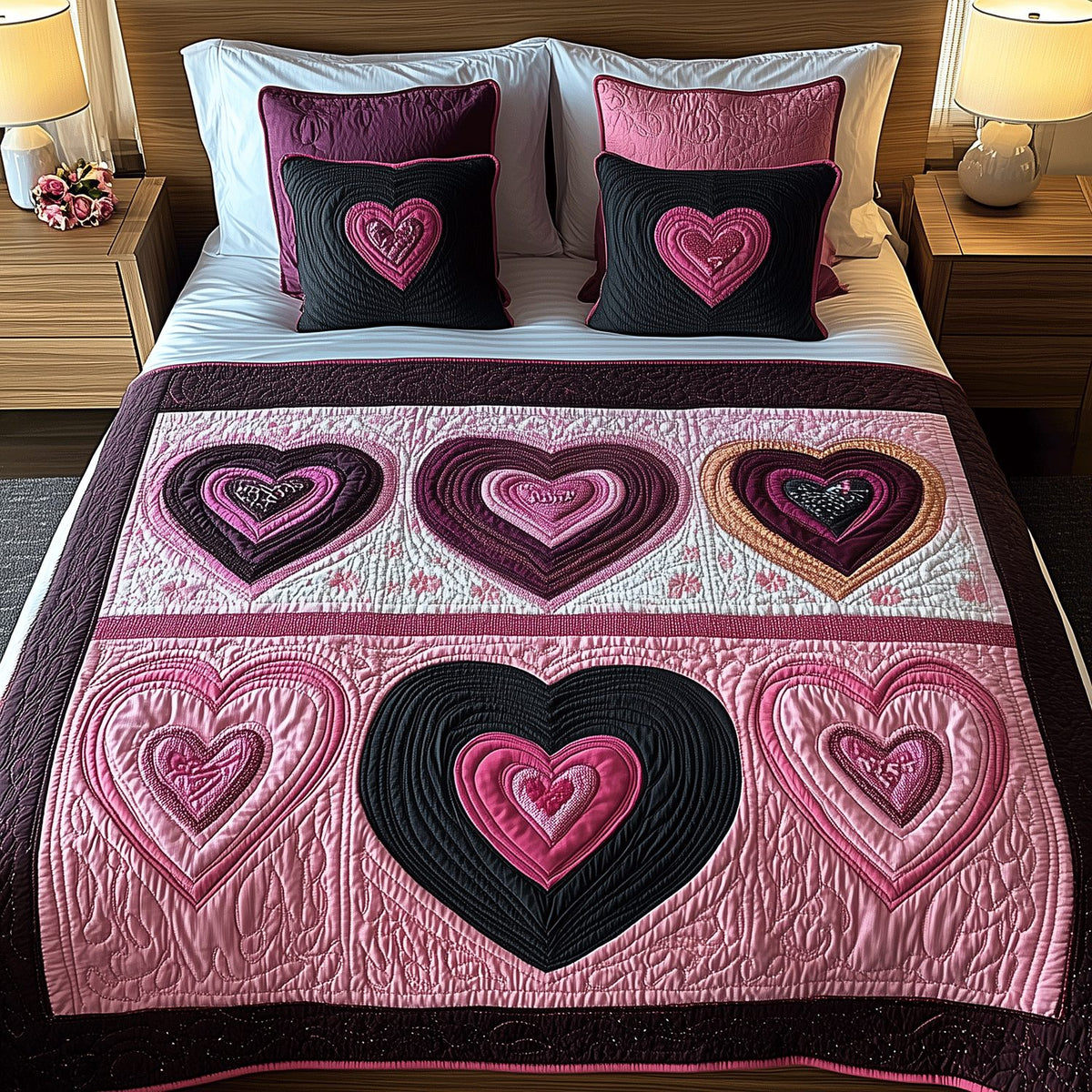 Adoring Hearts quilted 3-piece bedding set on a made bed with two matching pillow shams